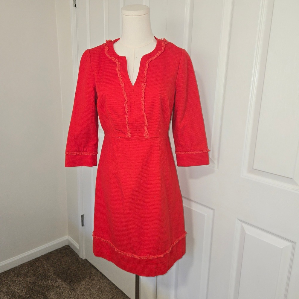 Boden Shift Dress Womens 6R Red Textured Cotton Fringe Trim Notched V-Neck WH374